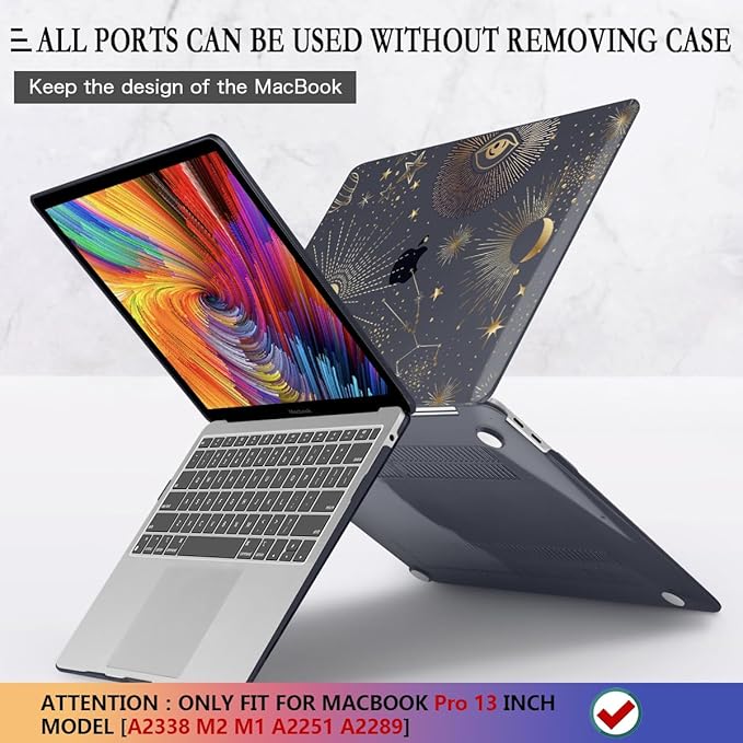 CISSOOK Case for MacBook Pro 13 Inch 2025-2020 Release Model M2 Chip A2338 M1 A2251 A2289, Black Style Hard Cover with Keyboard Cover for M2 MacBook Pro 13 with Touch Bar，Moon Star