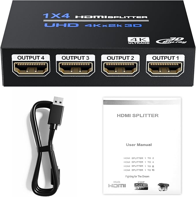 HDMI Splitter 1 in 4 Out 4K@30Hz, Powered 1x4 HDMI Video Splitter 4 Ports with Power Cord, Duplicate/Mirror Screen, Supports UltralHD 3D 1080P HDCP 1.4 for HDTV, STB, DVD, PS5/4/3, Projector, Etc