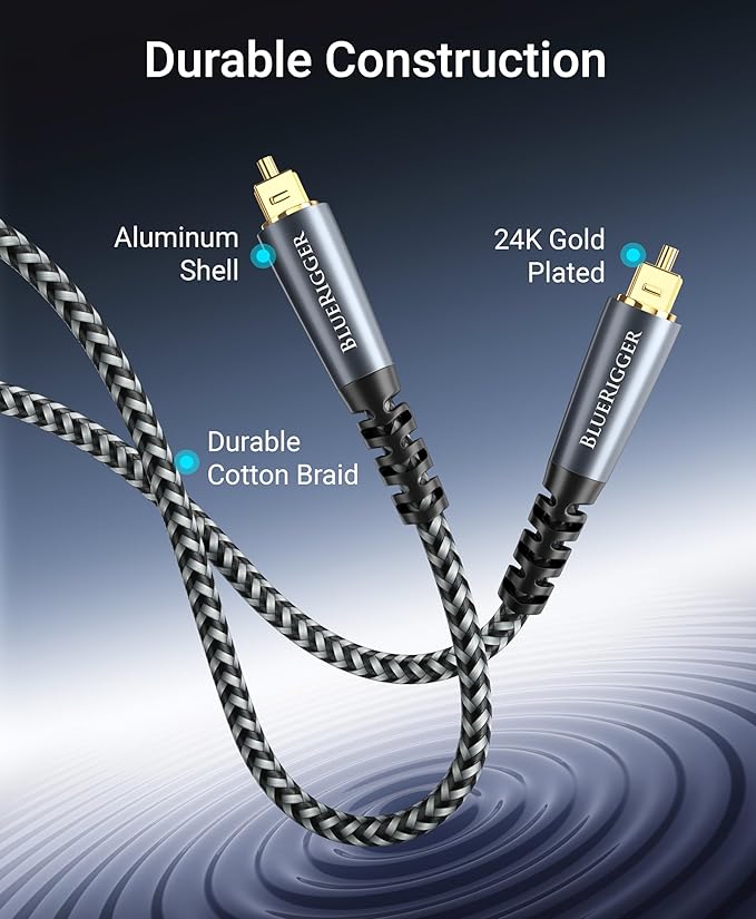 BlueRigger Digital Optical Audio Cable (10FT, Toslink Cable for Soundbar, Braided Fiber Optic, S/PDIF, Metal Shell) - Compatible with HomeTheatre, TV, Game Console (PS4, Xbox), DVR