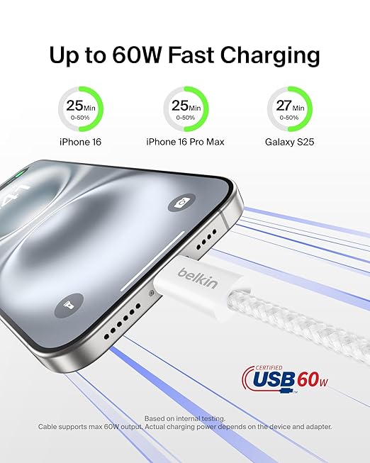 Belkin USB C to USB C Cable, 3.3ft, 60W - Type C Charger, iPhone Charger Cord, Soft, Braided, Flexible for iPhone 16, Galaxy S25, Pixel 9, Airpods, iPad Pro, Tablet & More, Travel Essentials - White