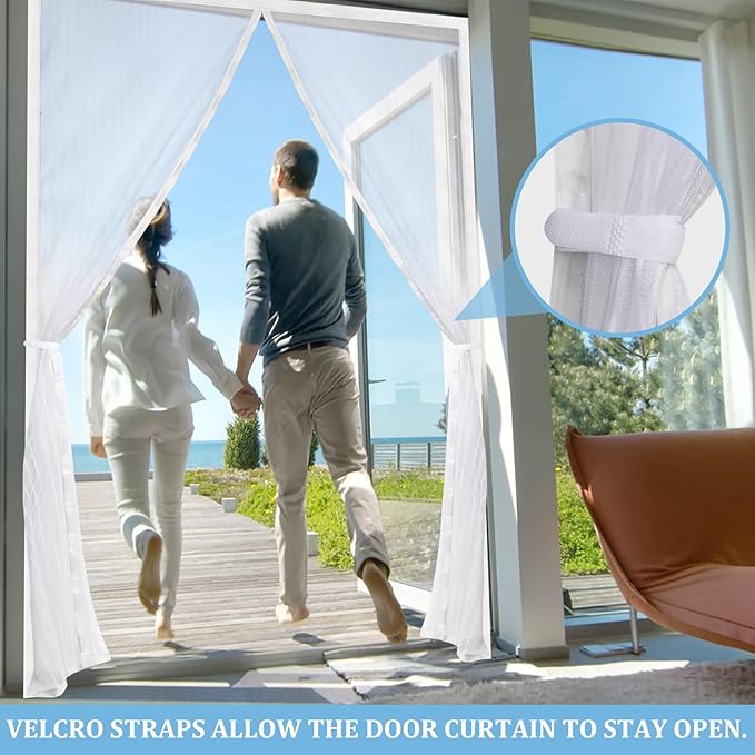Magnetic Screen Door - Self Sealing, Heavy Duty, Hands Free Mesh Partition Keeps Bugs Out Let Breeze in- Pet and Kid Friendly - Keep Open Feature (White, Fit Door Size 39 x 82 Inch)