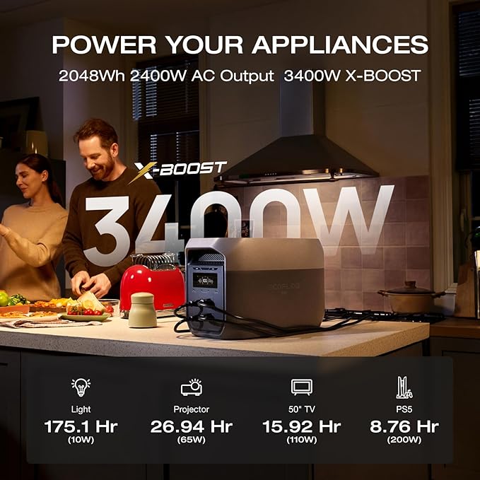 EF ECOFLOW Portable Power Station DELTA 3 Max, 2048Wh LiFePO4 Battery, Solar Generator (Solar Panel Optional), 3400W X-Boost Output, Ultra-Fast 0-80% Charging in 1.13 Hr, Home Backup & RV Camping