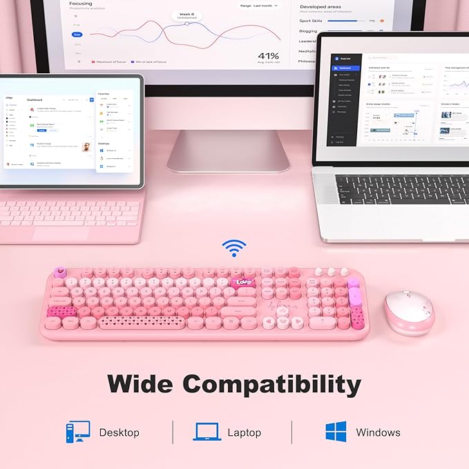KNOWSQT Wireless Keyboard and Mouse Combo - Lovely Pink Rainbow Full-Sized Typewriter Colorful Keyboards, Round Keycap USB Plug Play Retro Cute Keyboards for Windows, Laptop, PC, Desktop, Computer