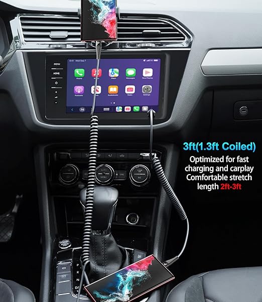 Coiled USB C to C Cable 100W 3FT for Car, Coiled USB C Cable for iPhone 16, Short USB Type C Fast Charging Cable for iPhone 15/Pro Max/Plus/Samsung Galaxy S23, Compatible All Type C Devices -Black