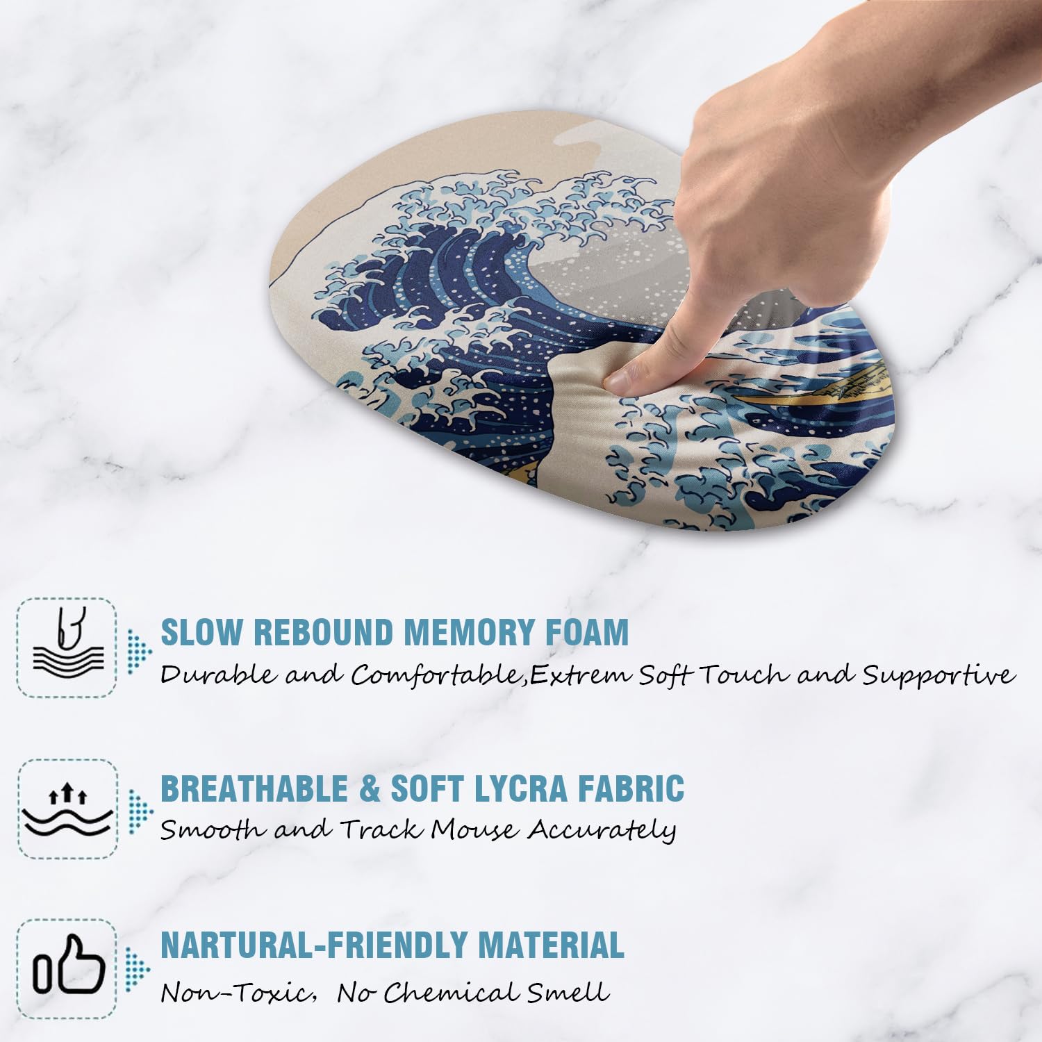 Armanza Ergonomic Mouse Pad Wrist Rest, Japanese Sea Wave Mouse Pad with Wrist Support, Memory Foam Massage Design & Non-Slip PU Base MousePads for Pain Relief, Desk, Office, Home, Kanagawa Wave
