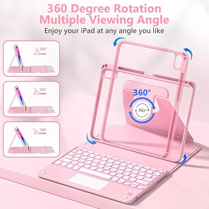 TaIYanG Touchpad for iPad A16 11th/10th Generation Case with Keyboard, 7 Color Backlit 360 Rotation Cover with Pencil Holder,Detachable Keyboard for iPad 11 inch 2025/10th Gen 10.9'' 2022 (Light Pink)
