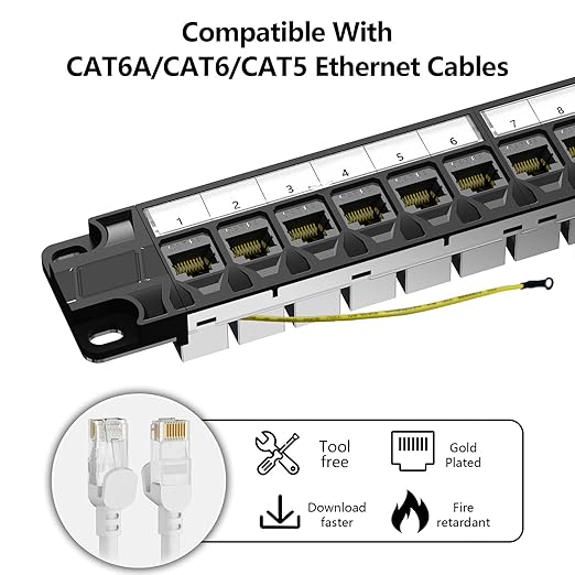 Jadaol 24 Port Shielded Patch Panel Rack or Wall Mount 19-Inch, 1U Cat6A Network Panel Preloaded with 24 Keystone Couplers Plus 1 Spare, 10Gbps Ethernet Panel with Cable Management & Back Support Bar
