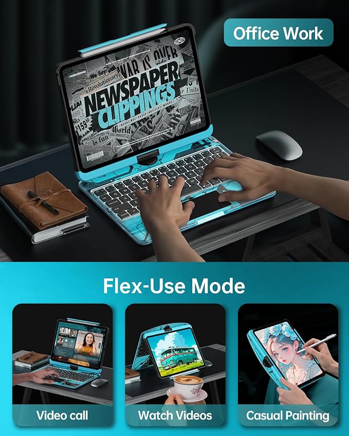 Intermerge Clear Keyboard Case for iPad Pro 13" (M4) 2024 Only, 360° Swivel Multi-Touch Trackpad, 7-Color RGB Backlit, Pencil Holder, Type-C, Power Indicator, Aqua Pulse