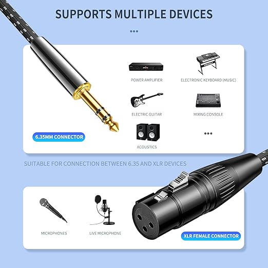 Kumiho XLR Female to 1/4 Inch 6.35mm TRS Stereo Cable Hi-Fi Balanced Bi-Shielded Interconnect Patch Cables for Microphones, Amplifiers, Mixers, Speakers 10FT