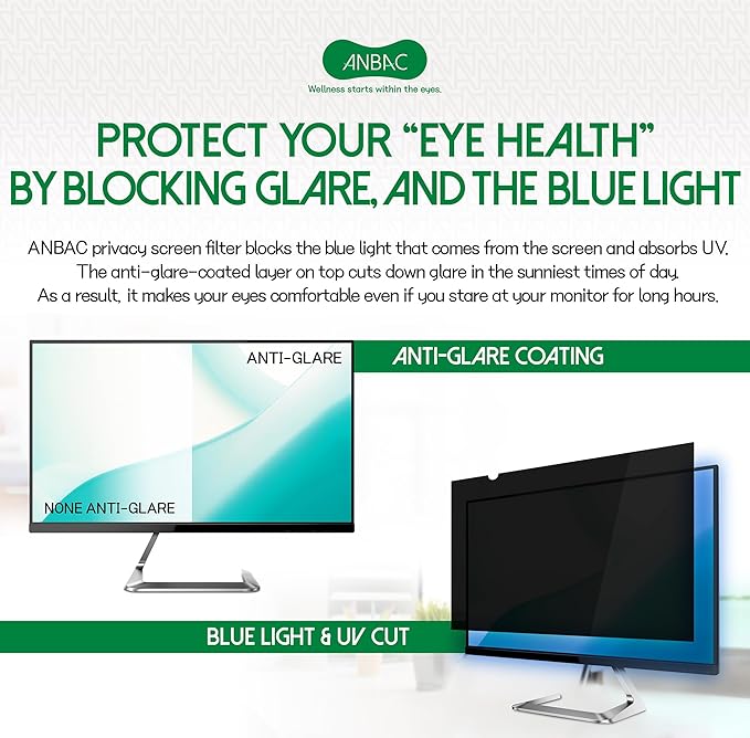20 Inch Desktop Privacy Screen Shield for 16:9 Wide Monitor - Anti Glare Computer Privacy Screen Cover | Blue Light Blocking Screen Protector | Scratch Resistant UV Filter | Attachment Type