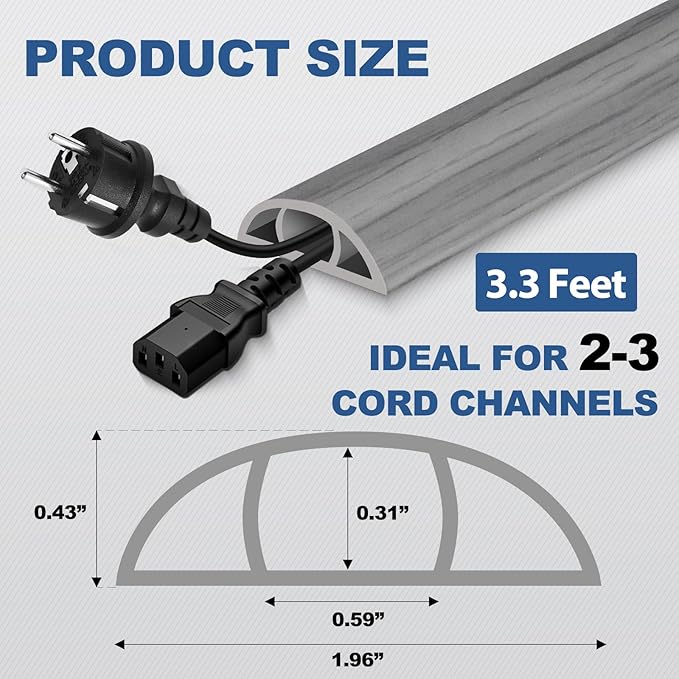 Floor Cord Cover for Wires on Floor Self Adhesive Cord Hider Floor Cable Management Wire Covers for Cords Protector Prevent Cable Trips Cord Cavity W 0.59" x H 0.31", Gray Wood, 3.3Ft