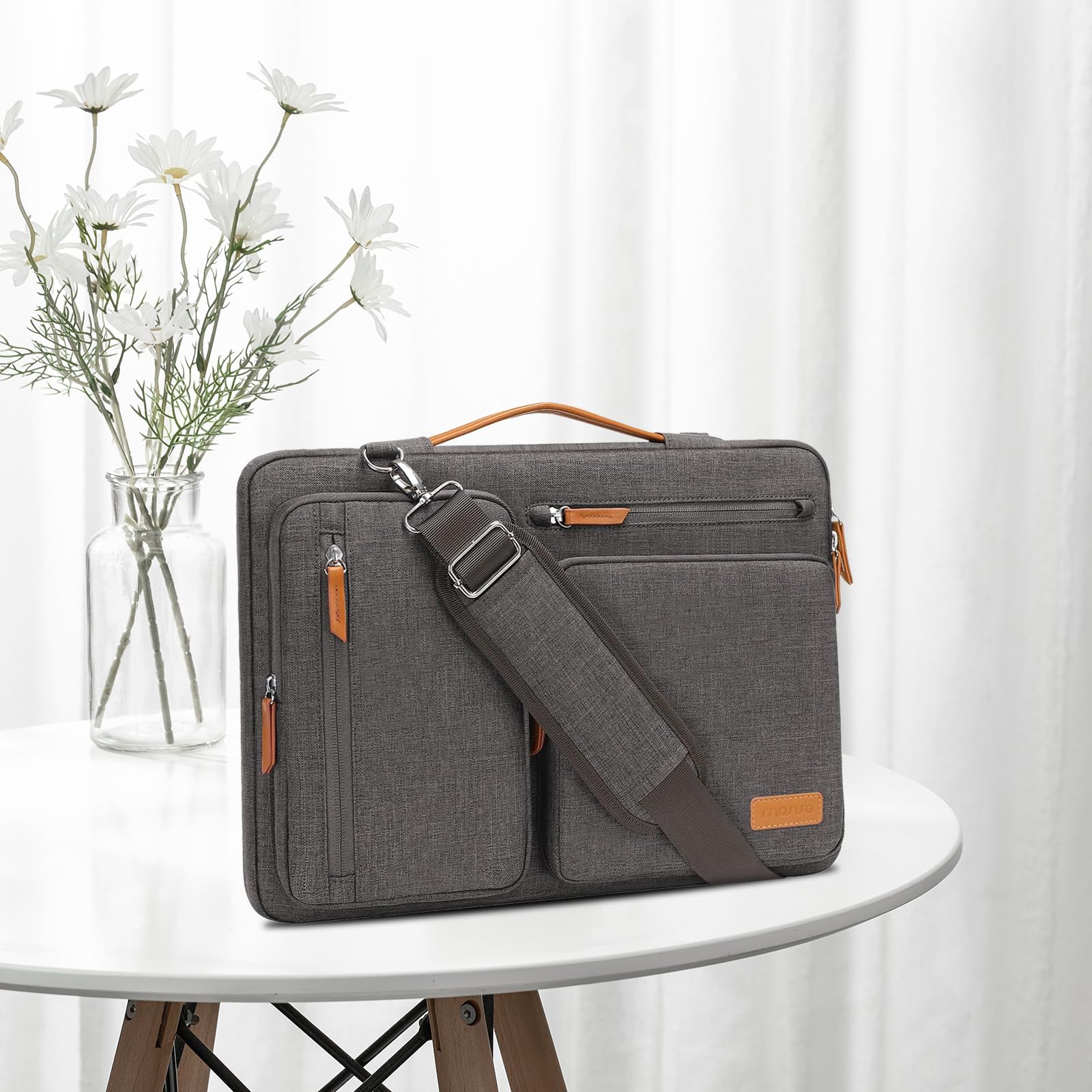 MOSISO 360 Protective Laptop Shoulder Bag,15-15.6 inch Computer Bags Compatible with MacBook Pro 16 inch, HP, Dell, Lenovo, Asus Notebook,Side Open Messenger Bag with 4 Zipper Pockets, Taupe Gray