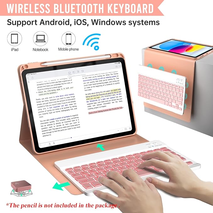 BLUTLOTUS Keyboard Case for iPad 10th Generation 2022 10.9 inch,360° Rotatable Keyboard Case with Pencil Holder, 7 Color Backlit Detachable Bluetooth Keyboard,Smart Folio Tablet Cover (Rose Gold)