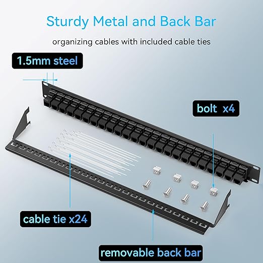 Patch Panel 24 Port Cat6 with Coupler Keystone, Cat6 Network Patch Panel 10G No Punch Down, Time-Saver Ethernet 1U Rj45 Panel with Sturdy Back Bar, 19 Inch Coupler Network Panel