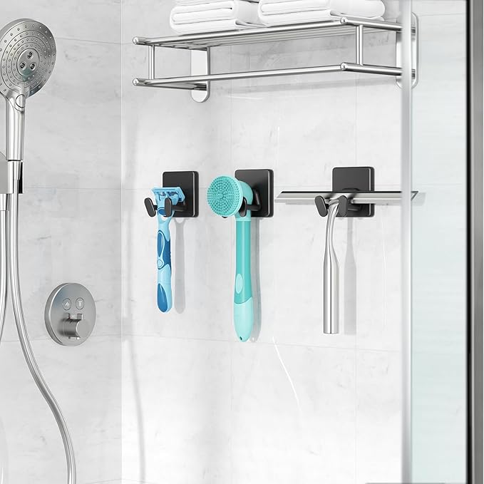 10 Pack Shower Hooks for Inside - Extra Sticky Stainless, Razor Holder Shower Accessories, Wall Mounted Self-Adhesive Hooks for Razor, Loofah, Towel, Coat, Key, Matt Black,