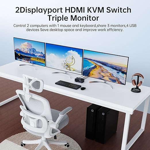 HDMI Displayport KVM Switch 3 Monitors 2 Computers 8K@60Hz 4K@144Hz,3 Monitor KVM Switch 2 Computers for 2 PC Share 3 Monitor and 4 USB3.0 Devices,Triple Monitor KVM Support Extended and Mirror Mode