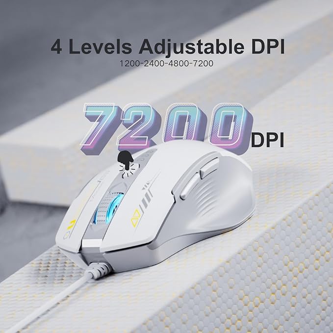 Wired Mouse, 4 Levels Adjustable DPI, 6 Programmable Buttons, Ergonomic Computer Wired Mouse for PC Laptop Computer for Working and Gaming - Plug & Play (White)