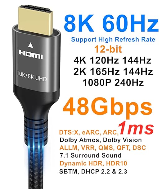 10K 8K 4K HDMI Cable 48Gbps 25 FT, Certified Ultra High Speed HDMI® Cable 4K 240Hz 144Hz 120Hz 8K60Hz 0.01ms HDR10+ eARC HDCP2.3 Netflix Roku TV PC Monitor Projector PS5 Xbox