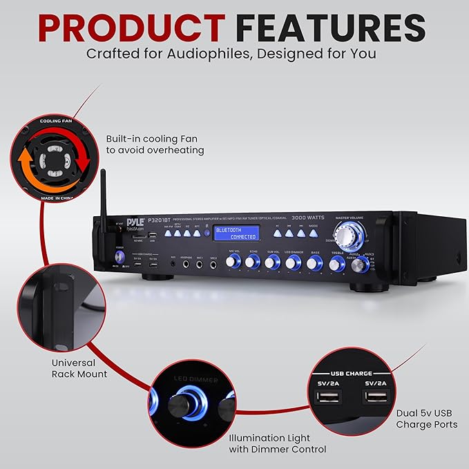 Pyle Multi Channel Bluetooth Preamplifier Receiver - 3000 Watt Audio Home Speaker Sound Stereo w/Radio, USB, Headphone, AUX, RCA, Dual Microphone w/Echo, LED, Wireless Streaming - P3201BT