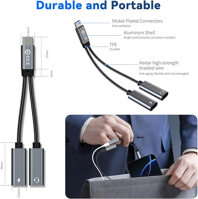 2PCS USB C Headphone Splitter,CCZ CA01 USB C to Type C Headphone Jack and Charger Adapter, 1 in 2 out Dongle Hi-Res DAC Audio Cable with PD 60W Fast Charging for Samsung Galaxy S25 S24 S23 (USBC-USBC)