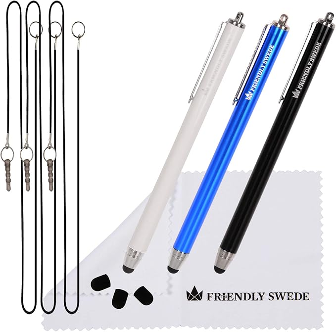 The Friendly Swede Stylus Pen for Touchscreen — 3-Pack 5.5" High Precision Stylus Pen with Replaceable Thin Tips, Elastic Lanyards & Screen Cleaning Cloth - Black/Blue/White