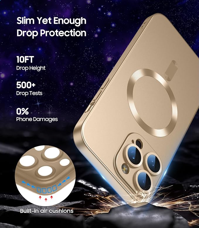 Magnetic for iPhone 16 Pro Max Case [Compatible with MagSafe][Built-in Camera Lens Protector] Slim Soft Silicone Bumper Shockproof Metallic Luster Phone Case (Gold)