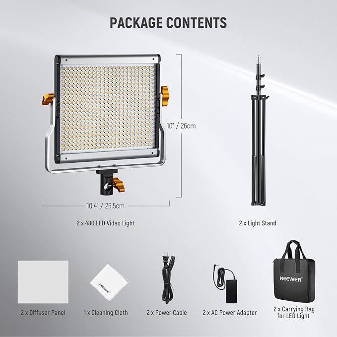 NEEWER 2 Pack Bi Color Dimmable 480 LED Video Light Kit, 28W 3200-5600K CRI96+ LED Panel with U Bracket 75" Tripod Stand Cleaning Cloth Bag, YouTube Recording Studio Photography Streaming Key Lighting