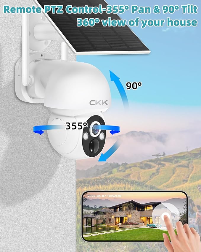 4MP PTZ Solar Security Camera Outdoor, 4pcs Wireless Security Camera System with 128GB Card, Pan/Tilt/Zoom, PIR Detection, 2-Way Audio, Audible Flashlight Alarm, IP66 Waterproof, Two Ways of Storage