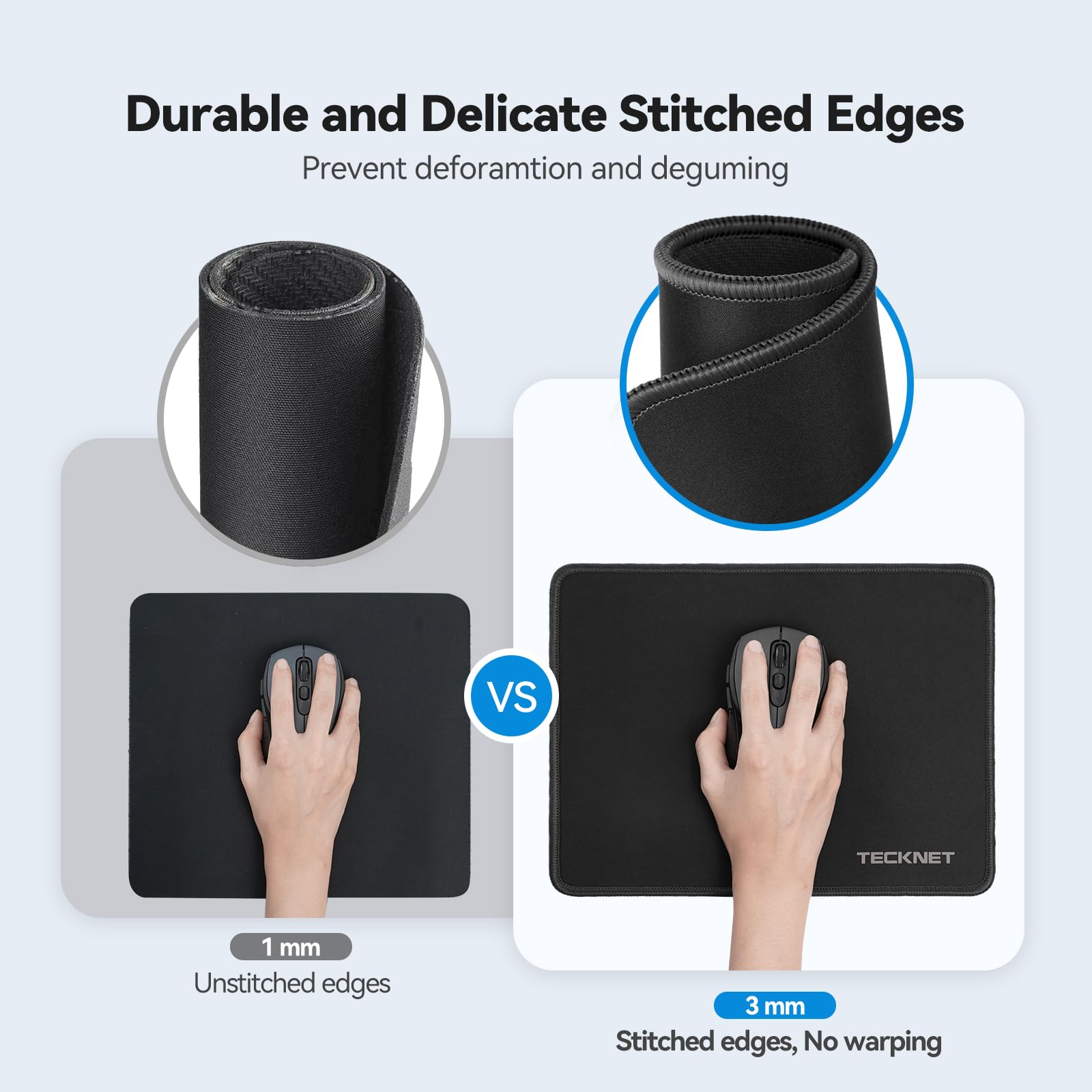 TECKNET Mouse Pad with Anti-fray Stitching, Waterproof Surface & Non-Slip Rubber Base with Stitched Edges Gaming Mouse Mat for Laptop，Compatible with Laser and Optical Mice - Black