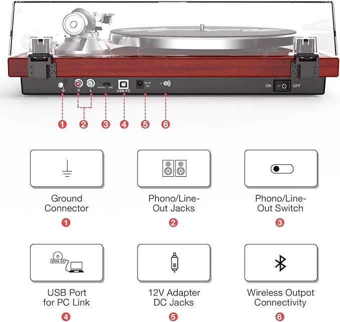 Record Player Turntables for Vinyl Record Belt-Drive Wireless Output Connectivity Phono Line Out USB Digital to PC Recording MM Audio Cartridge Stylus Counterweight Piano Shiny Classic Red