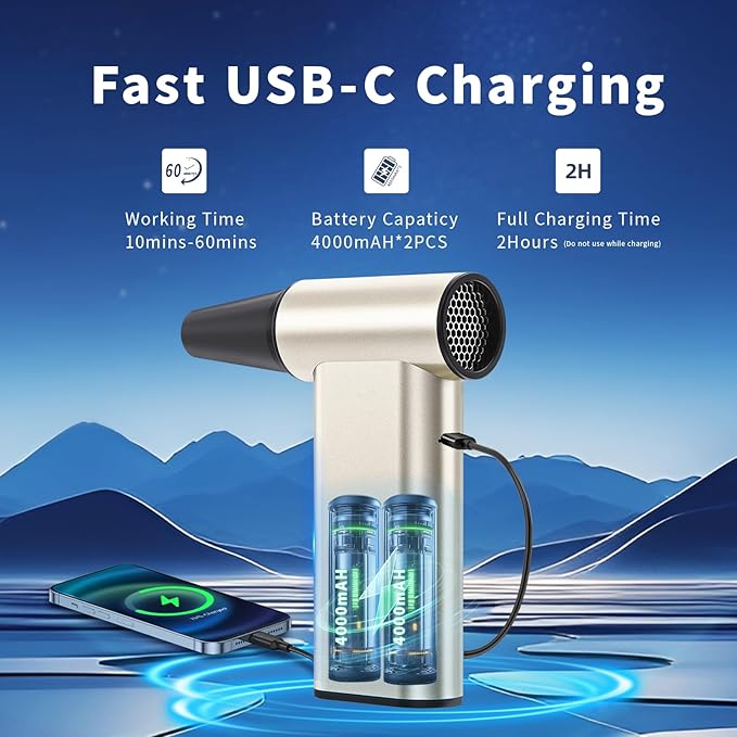 Compressed Air Duster, 300000RPM Electric Air Dusters Mini Blower Jet Turbo Fan, 4-Gear Adjustable Rechargeable & Cordless Air Duster, Dust Blower for PC, Keyboard, Home, Outdoor and Car