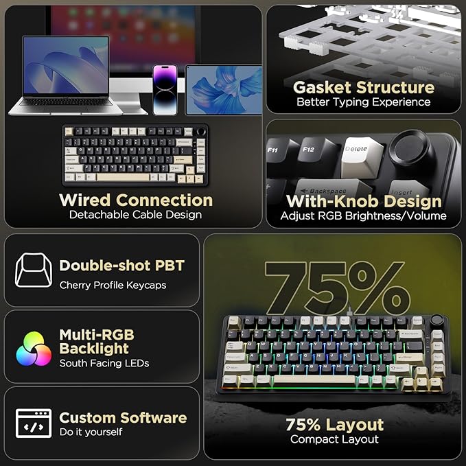 YUNZII B75 Mechanical Keyboard,75% Layout with Knob,Hot Swappable RGB Backlit Gasket Mounted, Creamy Typing, Double-Shot PBT Keycaps,Cherry Profile,for Win/Mac (Black, Milk V2 Linear Switch)