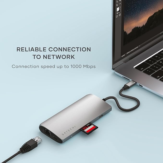 Satechi 8 in 1 USB C Hub Multiport Adapter V3, 8K HDMI, 100W Charging, 4 USB Data Ports, Ethernet, SD Card Reader, for Laptop, for Mac/Windows, MacBook Pro/Air M4/M3/M2/M1, iPad, iPhone 16, Space Gray