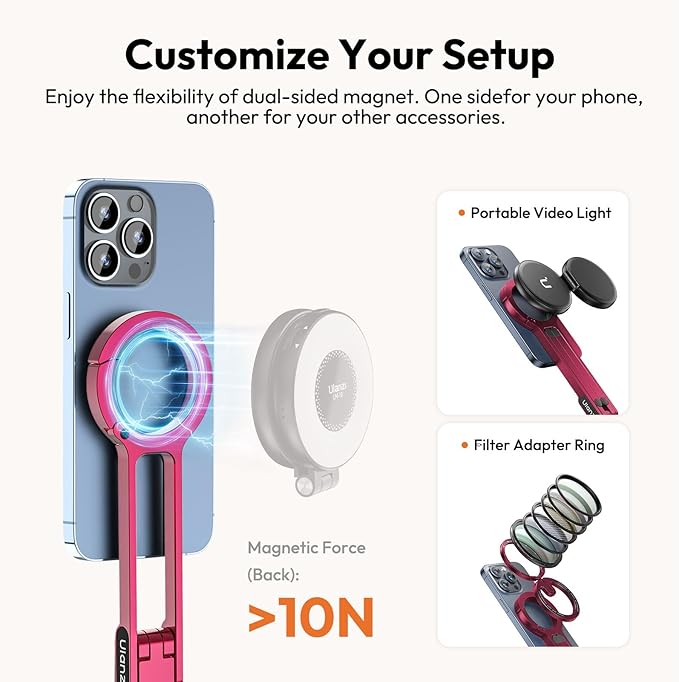ULANZI MA30 Magnetic Phone Tripod Stand for iPhone - Aluminium Maglock Smartphone Mini Tripod Pocket Cell Phone Stand Strong Magnet Quick Mount Compatible with iPhone 16 15 14 13 12 Series, Red