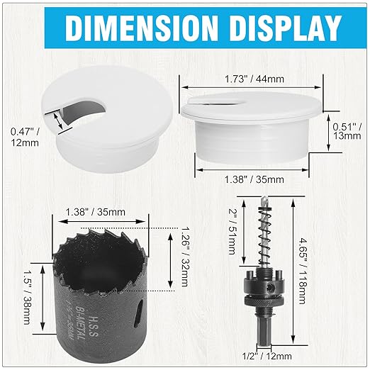 1-3/8" White Desk Grommet with Bi-Metal Hole Saw, JTemgle Plastic Cable Hole Cover Computer Table Cord Wire Organizer Caps, Desktop Cord Management for Home Office TV Stands Tabletops, 13 Pieces