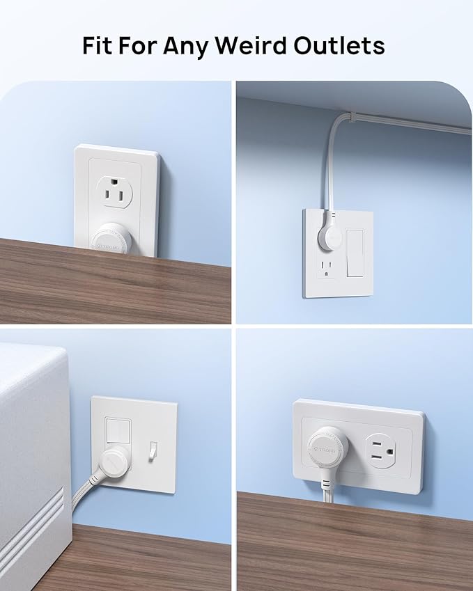 TROND 360° Rotating Flat Plug Extension Cord Surge Protector 3ft, Small Power Strip with 900 Joules, Three Side Grounded Outlets, 13A, 16 Gauge Wire, for Indoor Home Office Dorm Room Travel, White