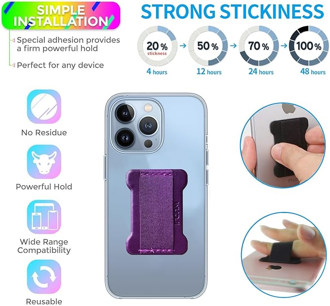 Universal Phone Grip for Smartphones - Phone Holder for Hand for Back of Phone - Wireless Charging Compatible (Black Purple) -2PC