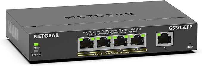 NETGEAR 5 Port PoE Gigabit Ethernet Easy Smart Managed Essentials Switch (GS305EPP) - with 4 x PoE+ @ 120W, Desktop or Wall Mount
