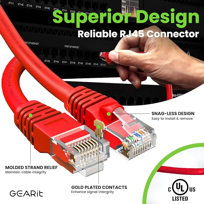 GEARit Cat 6 Ethernet Cable (1-Pack 25 Feet) Cat6 Network Patch, 10Gbps, RJ45, Snagless Cord, Gold-Plated Connectors, Internet for PC, TV, Tablet, Router, Printer, Servers, IT Data Center - Red