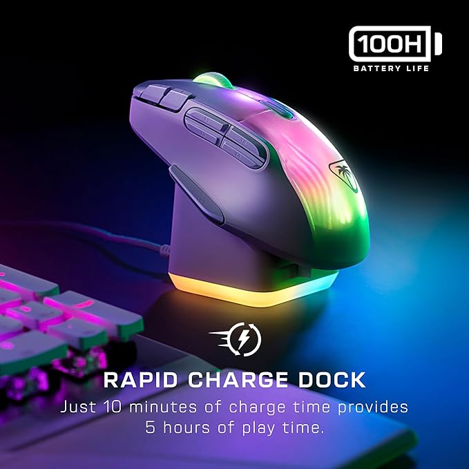 Turtle Beach Kone XP Air Wireless Customizable Ergonomic RGB Gaming Mouse, Bluetooth, 19K DPI Optical Sensor, 100-hour Battery & Charging Dock, 29 Programmable Inputs & RGB Lighting, 4D Wheel – White