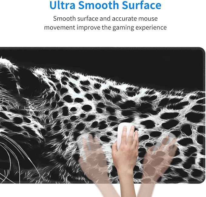 Black and White Gaming Mouse Pad 31.5 x 11.8 Inch Extended Large Mouse Pad with Non-Slip Base and Stitched Edges for Gamer Home Office, Black Leopard