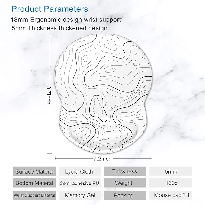 ITNRSIIET Ergonomic Mouse Pad with Gel Wrist Support Small Wrist Rest Smooth Surface Non-Slip PU Base Comfortable Office Supplies Pain Relief, 8.7 x 7.2 inches, Topographic Contour White