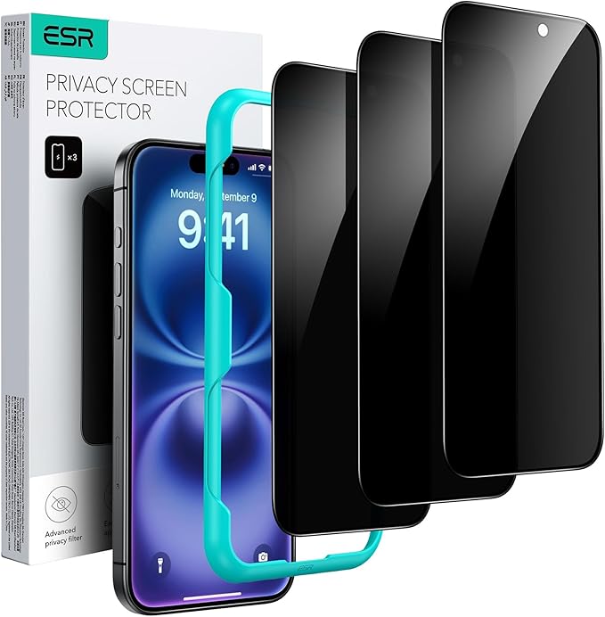 ESR 3 Pack for iPhone 16 Plus/iPhone 15 Plus Privacy Screen Protector, Anti-spy Tempered-Glass Privacy Screen Protector with Easy Installation Tool, Micro-Curved Edges, Case Friendly