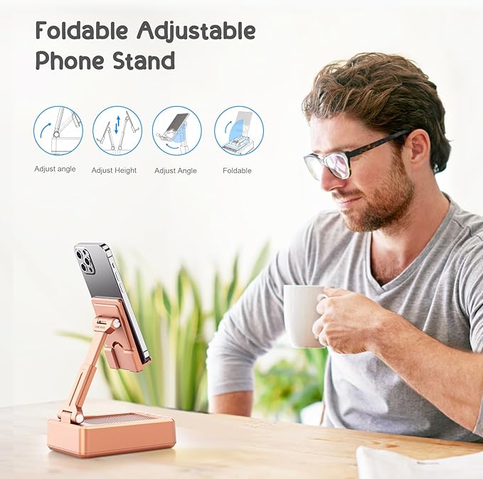 TechGlow Gifts for Men Women Foldable Cellphone Stand with Bluetooth Speaker and Power Bank Birthday Gift Idea for Mom Dad Cool Gadget Tech Gifts-Rose Gold