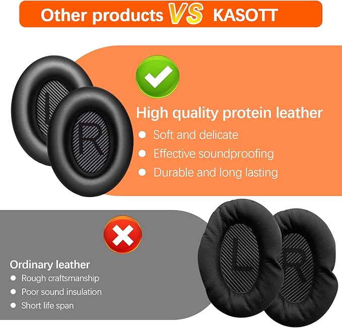 Replacement Ear Pads for Bose QC45/35/25/15/QC2/Ae2/Ae2W/Sound Link/Sound True Headphones,Softer Leather,Noise Isolation Memory Foam,Added Thickness,Durability,Quiet Comfort (Black, a Pair)