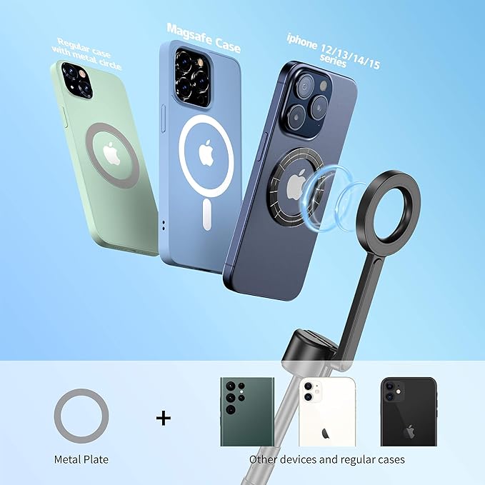 MagSafe Tripod for iPhone 64'' Selfie Stick Phone with Metal Ring and Remote, Fit for iPhone 12/13/14/15 Series, Magsafe Case and Other Phones