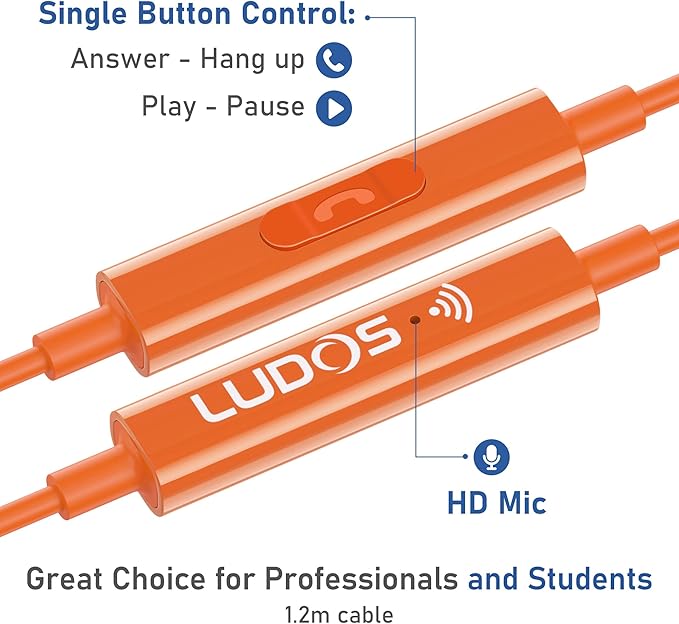 LUDOS OMNITONE Wired Earbuds in-Ear Headphones, 5 Years Warranty, Earphones with Microphone, 3.5 mm Jack Corded Ear Buds, Videoconference for iPhone, Samsung, Laptop, Kids, School Students - Orange