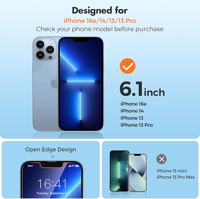 UNBREAKcable Screen Protector for iPhone 16e/iPhone 14/ iPhone 13/13 Pro, Shatterproof Tempered Glass [99.99% HD Clear] [9H Hardness] [Easy Installation Frame] for iPhone 6.1" - 2 Pack