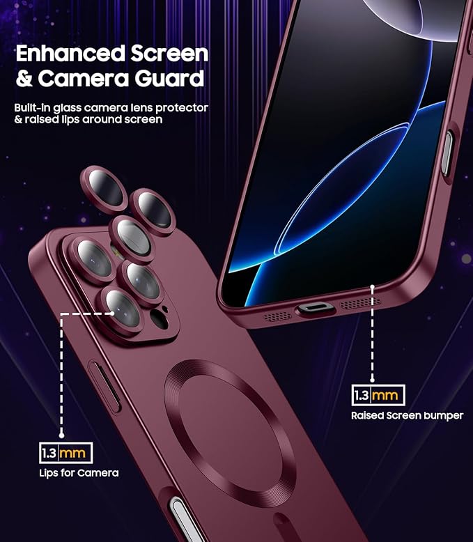 Magnetic for iPhone 16 Pro Case [Compatible with MagSafe][Built-in Camera Lens Protector] Slim Soft Silicone Bumper Shockproof Metallic Luster Phone Case (Burgundy)