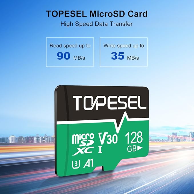 TOPESEL 128 GB Micro SD Card, 4K Camera Pro, UHD Video for GoPro, Action Camera, Drone, Smartphone, R/W up to 90/35 MB/s MicroSDXC Memory Card UHS-I U3 A1 V30